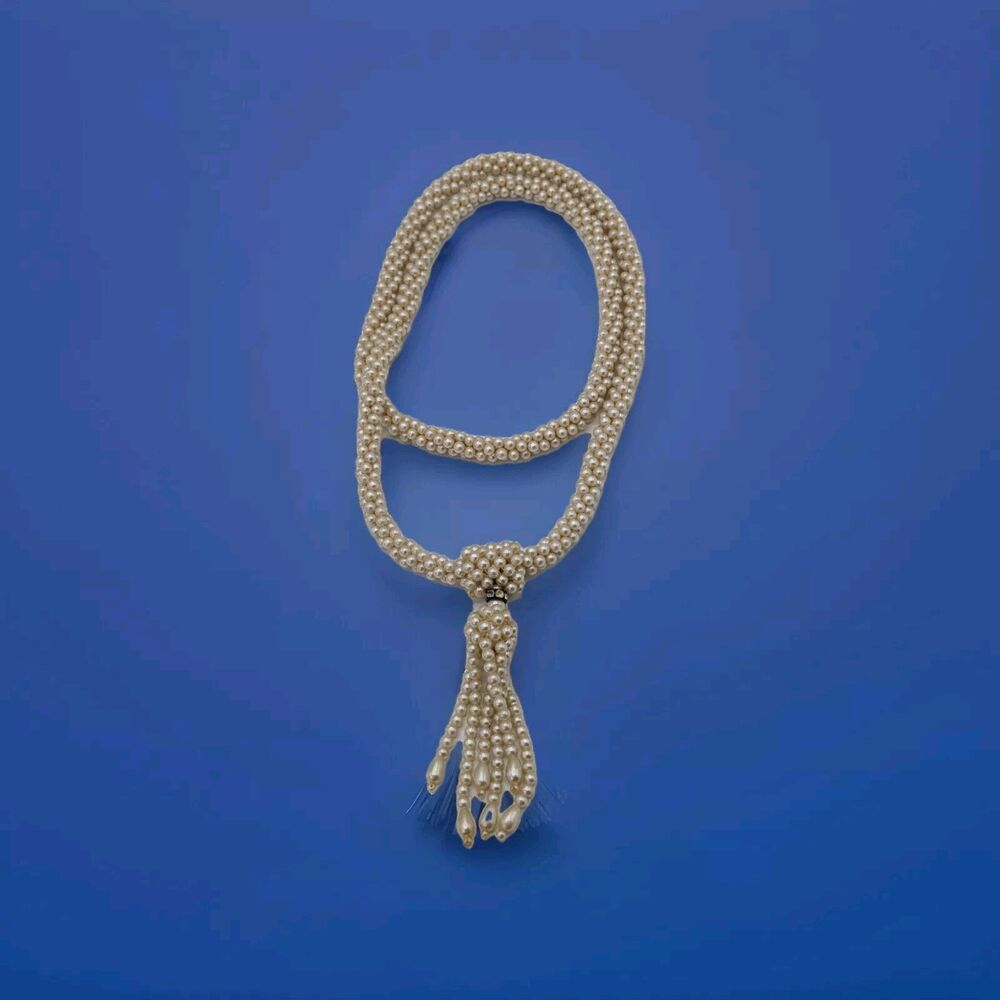 Vintage Faux Pearl Long Necklace 18.5" Beaded Tassel Women Jewley Beach Wedding